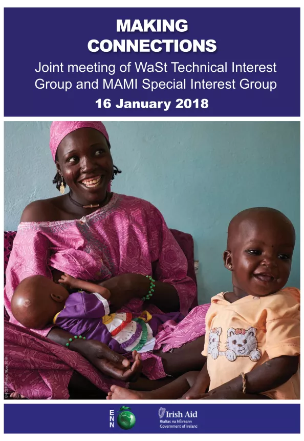 Front cover of report titled, "Making Connections: Joint meeting of WaSt Technical Interest Group and MAMI Special Interest Group." Image shows a mother sitting with her baby and other infant child.