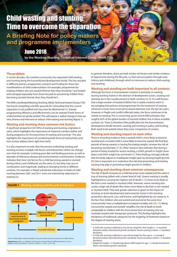 Front cover of report titled, "Child wasting and stunting: Time to overcome the separation (2018)".