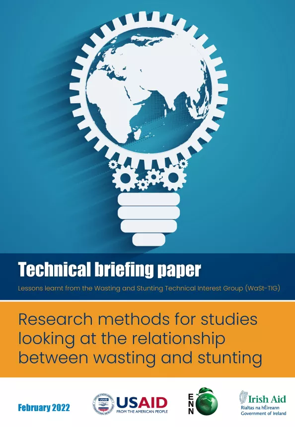 Front page of the technical briefing paper titled, 'Research methods for studies looking at the relationship between wasting and stunting.'