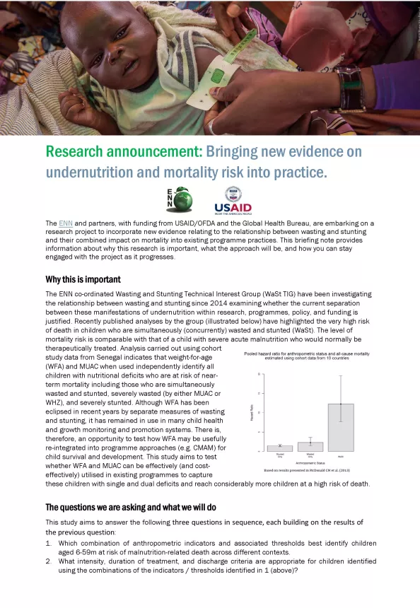 Front cover of report titled, "Research announcement: Bringing new evidence on  undernutrition and mortality risk into practice." Image shows a baby having it's arm measured.