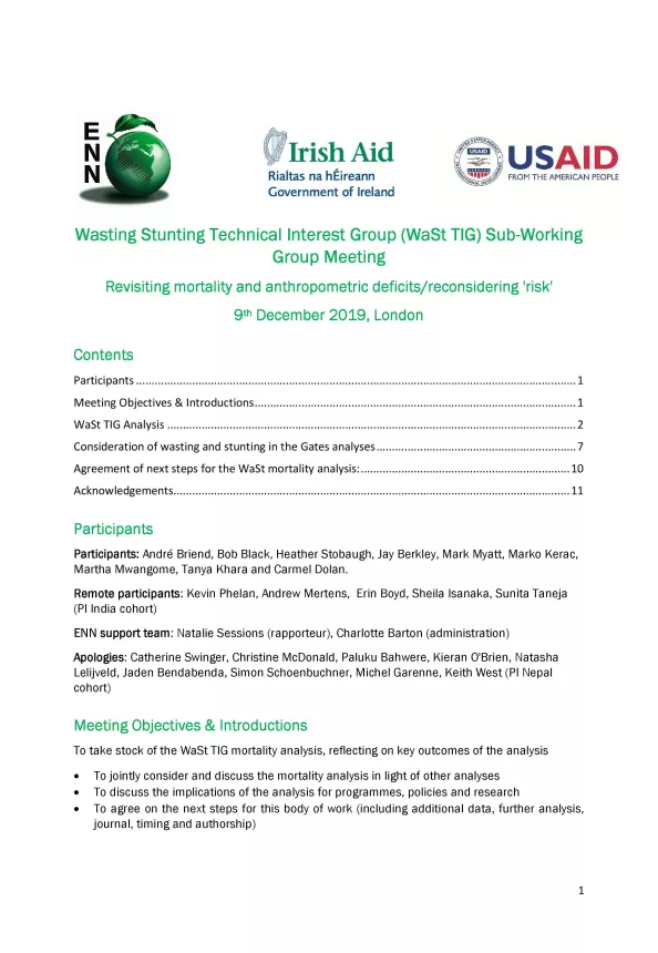 First page of report titled, "Wasting Stunting Technical Interest Group (WaSt TIG) Sub-Working Group Meeting Revisiting mortality and anthropometric deficits/reconsidering 'risk.' 9th December 2019, London." 