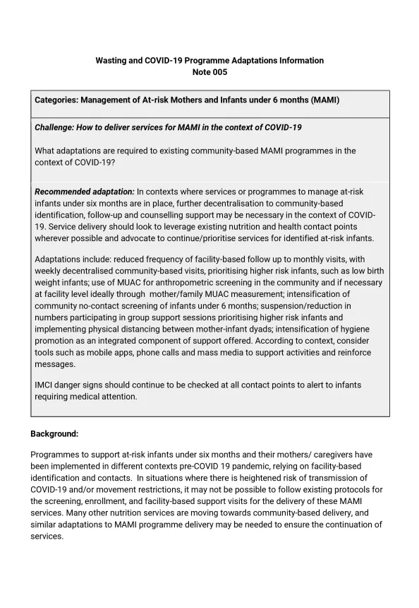 First page of information note titled, "Wasting and COVID-19 Programme Adaptations Information - Note 005."