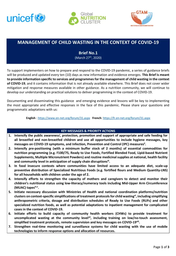 First page of brief titled, "Management of child wasting in the context of COVID-19" Brief Number 1 from March the 27th 2020.