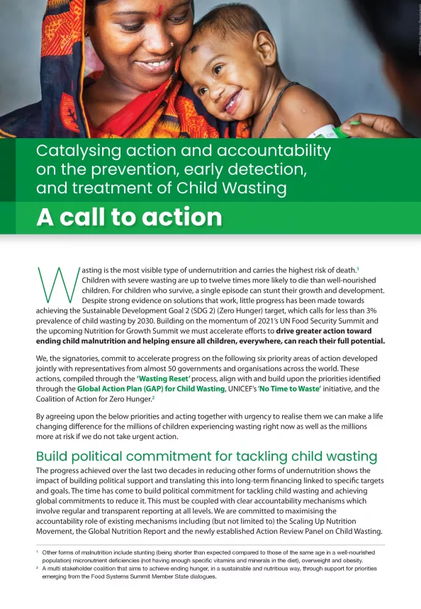 First page of the document 'A call to action: Catalysing action and accountability on the prevention, early detection, and treatment of Child Wasting'