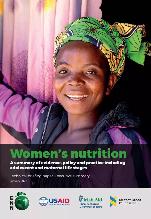 Front cover of technical briefing paper on women's nutrition titled, "Women's nutrition: a summary of evidence, policy and practice including adolescent and maternal life stages." The cover shows a woman standing and smiling at the camera.