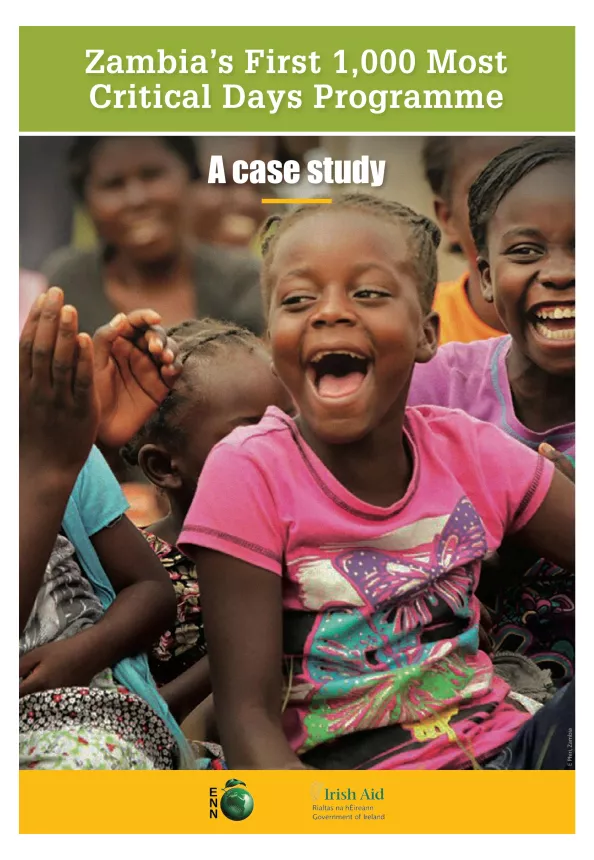Front cover of case study document titled, "Zambia’s First 1,000 Most Critical Days Programme: a case study." Image shows joyful young people laughing and clapping.