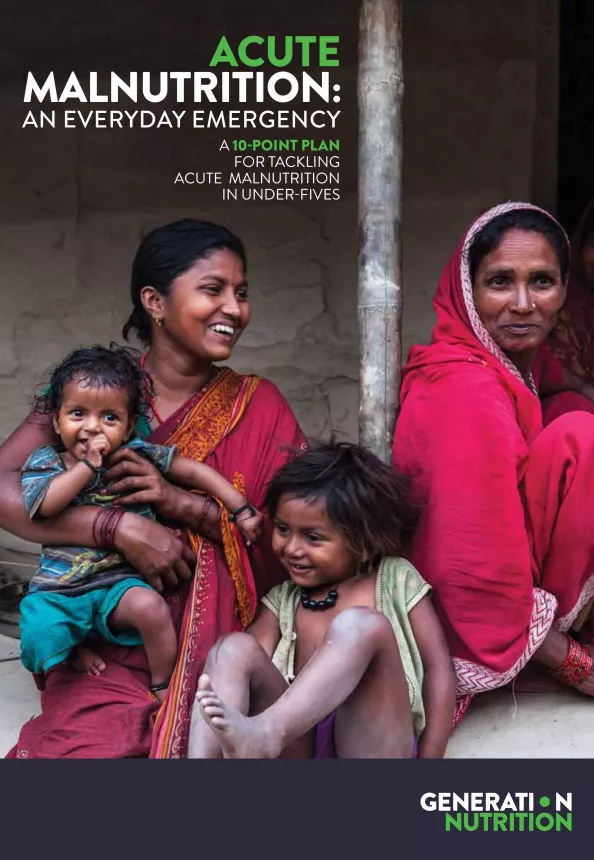 Front cover of the document 'Acute Malnutrition: an everyday emergency' with a photo of two women smiling with two children