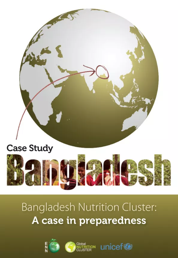 Front cover of the Bangladesh Case Study document with a map and an arrow pointing to Bangladesh