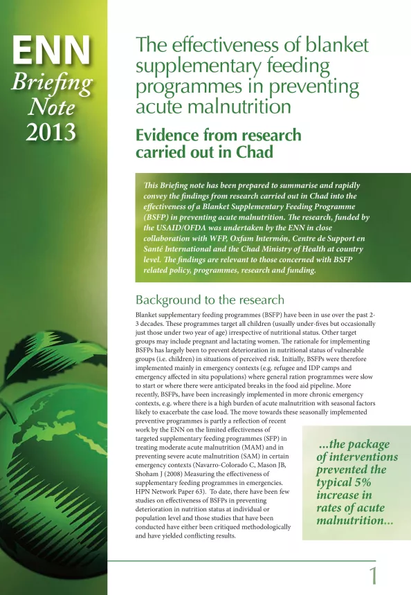 Front cover of document titled, "The effectiveness of blanket supplementary feeding programmes in preventing acute malnutrition Evidence from research carried out in Chad."