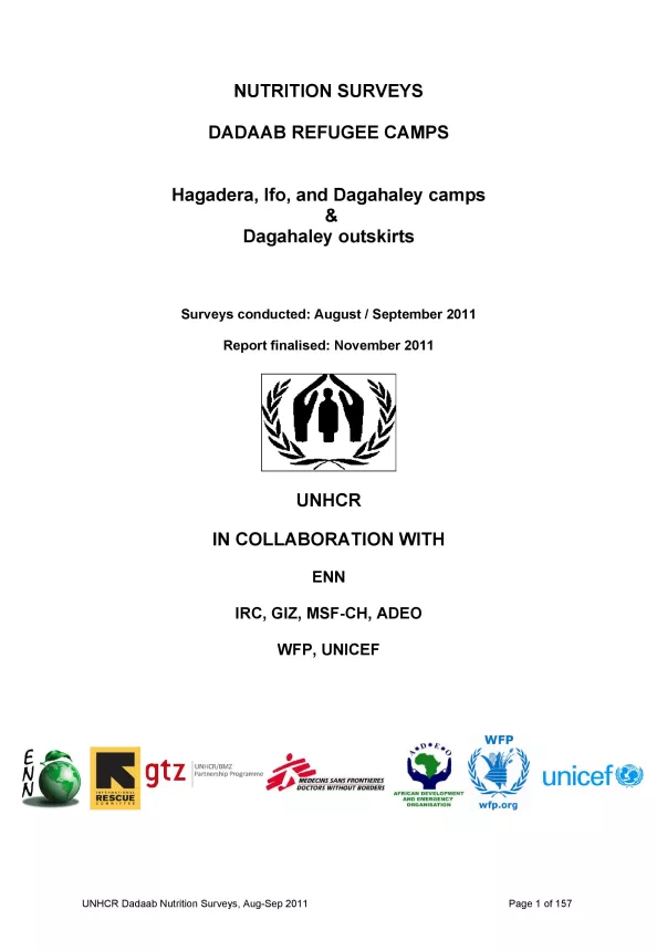 Front page of document titled, "NUTRITION SURVEYS DADAAB REFUGEE CAMPS Hagadera, Ifo, and Dagahaley camps & Dagahaley outskirts."