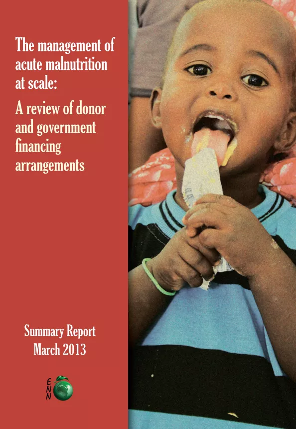Front cover of document titled, "The management of acute malnutrition at scale: A review of donor and financing arrangements."