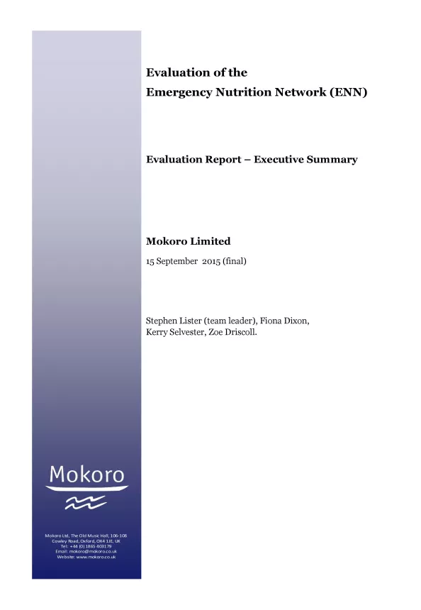 Front cover of report titled, "Evaluation of the Emergency Nutrition Network (ENN) - Evaluation Report – Executive Summary."