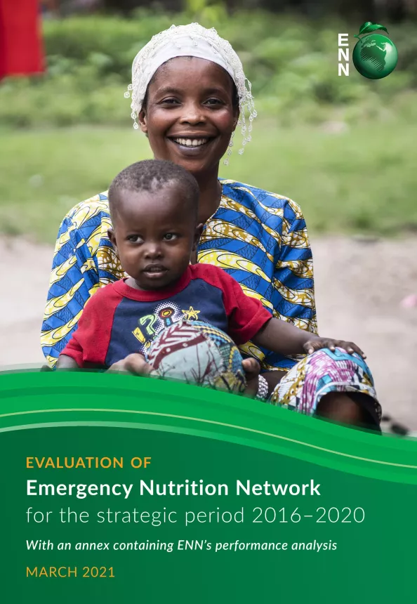 Front cover of the document 'Evaluation of ENN for the strategic period 2016 to 2020' with an image of a woman and her child
