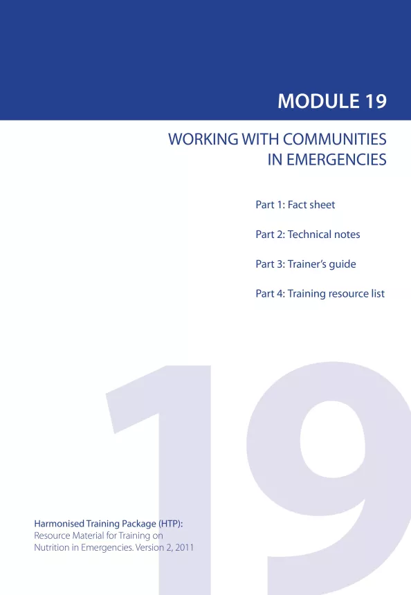 Front cover of resource document titled, "MODULE 19 WORKING WITH COMMUNITIES IN EMERGENCIES."