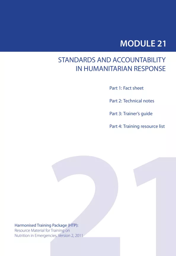 Front cover of document titled, "MODULE 21 STANDARDS AND ACCOUNTABILITY IN HUMANITARIAN RESPONSE."