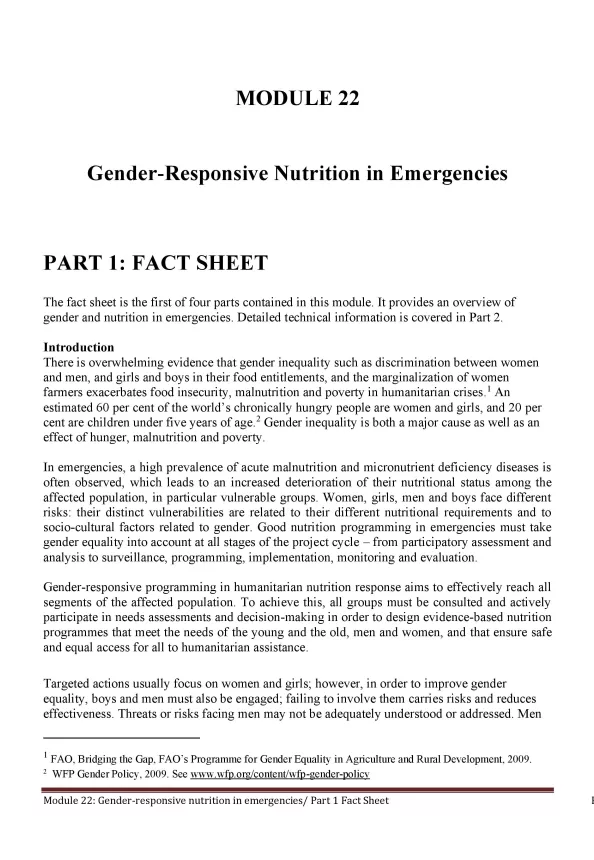Front cover of document titled, "Gender-Responsive Nutrition in Emergencies."