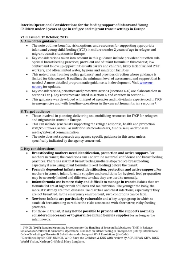 Front cover of document titled, "Interim Operational Considerations for the feeding support of Infants and Young Children under 2 years of age in refugee and migrant transit settings in Europe."