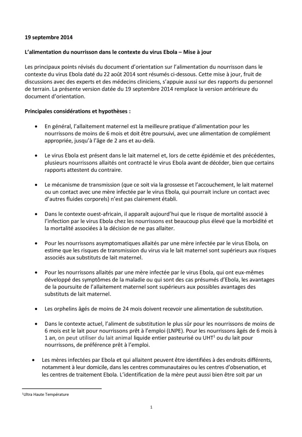 Front cover of guidance report titled, "L’alimentation du nourrisson dans le contexte du virus Ebola – Mise à jour."