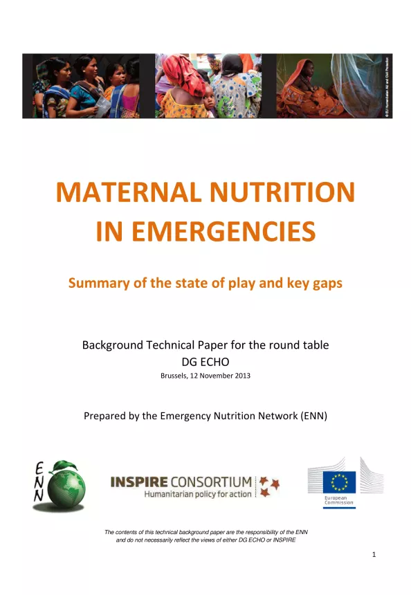 Front cover of document titled, "MATERNAL NUTRITION  IN EMERGENCIES: Summary of the state of play and key gaps."