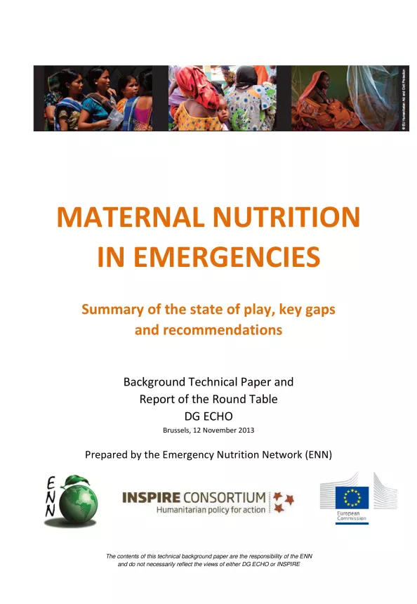 Front cover of document titled, "MATERNAL NUTRITION IN EMERGENCIES Summary of the state of play, key gaps  and recommendations."