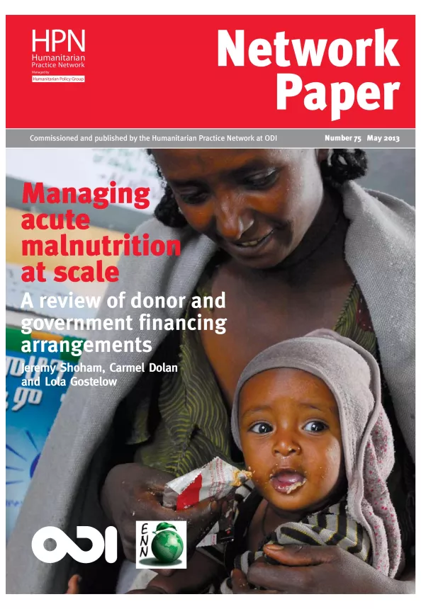 Front cover of report titled, "Managing acute malnutrition at scale: A review of donor and government financing arrangements." 