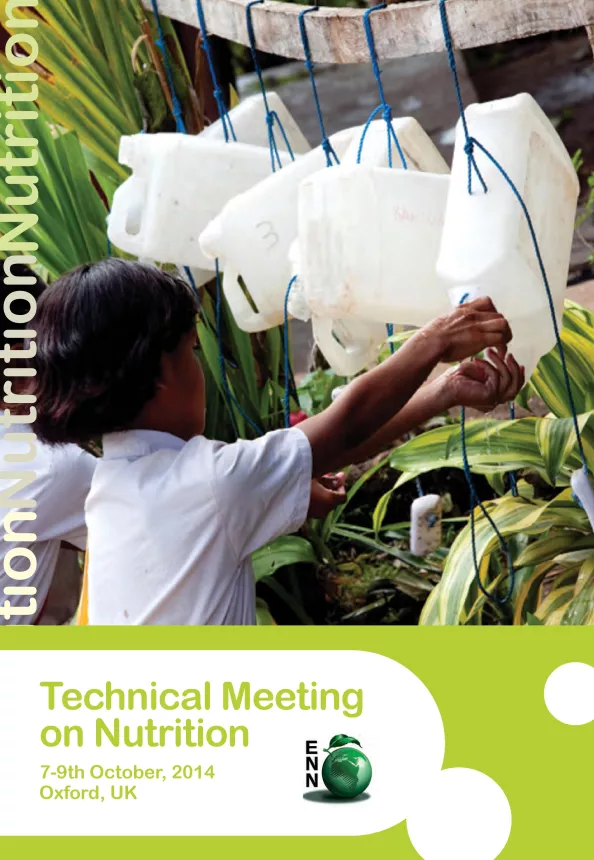 Front cover of report titled, "Technical Meeting on Nutrition - October 7th to 9th 2014." Image shows children washing hands from hanging water cartons. 