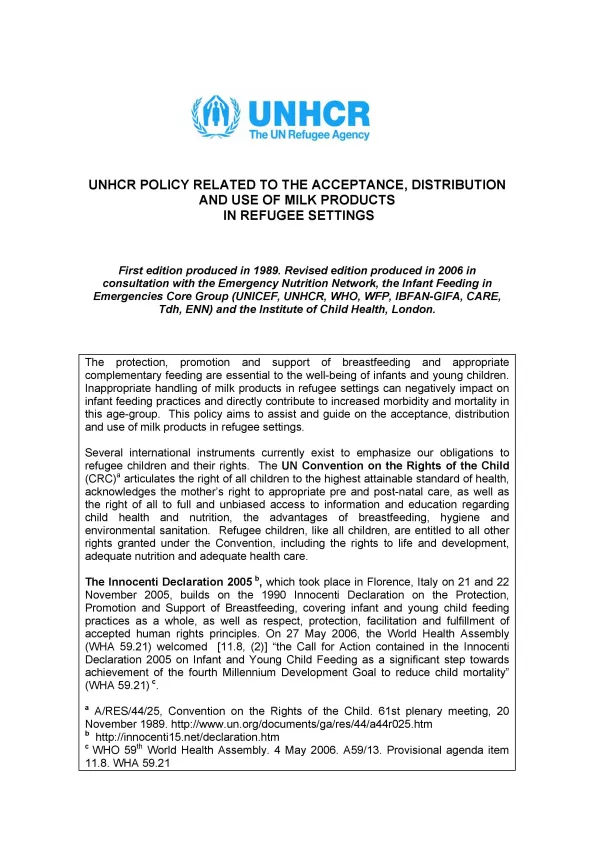 Front page of document titled, "UNHCR POLICY RELATED TO THE ACCEPTANCE, DISTRIBUTION AND USE OF MILK PRODUCTS IN REFUGEE SETTINGS."