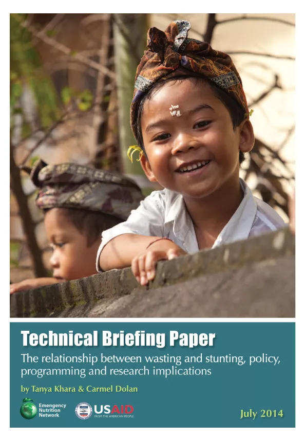 Front cover of document titled, "Technical Briefing Paper: The relationship between wasting and stunting: policy, programming and research implications." Image shows a child with rice grains stuck on their head.