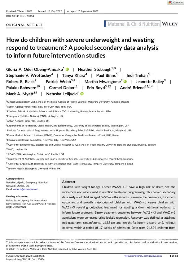 Front cover of How do children with severe underweight and wasting respond to treatment? A pooled secondary data analysis to inform future intervention studies