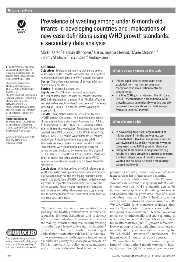 First page of the document 'Prevalence of wasting among under 6-month-old infants in developing countries and implications of new case definitions using WHO growth standards: a secondary data analysis'