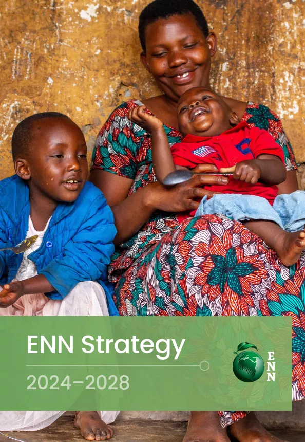 The front cover of ENN's Strategy 2024-2028 with mother and her two children smiling.