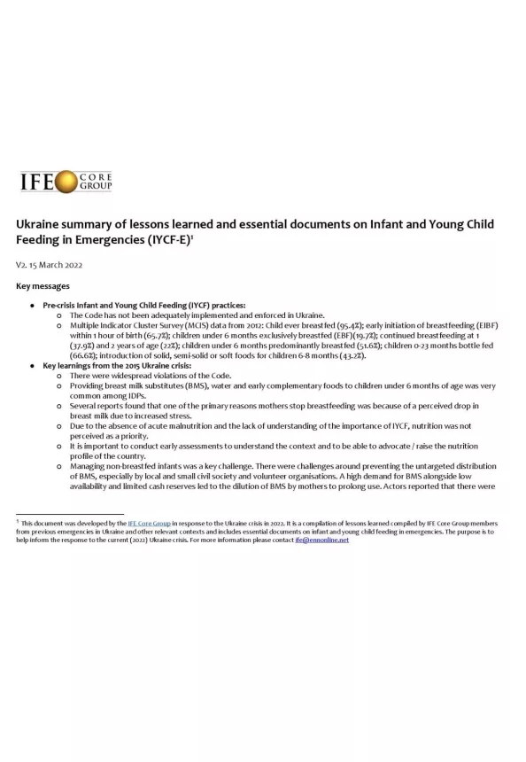 Front cover of document 'Ukraine summary of lessons learned and essential documents on Infant and Young Child Feeding in Emergencies (IYCF-E)'