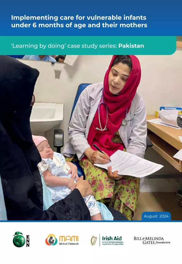 Front cover of 'Implementing care for vulnerable infants under 6 months of age and their mothers. ‘Learning by doing’ case study series: Pakistan' with a woman and her baby speaking to healthcare professional.