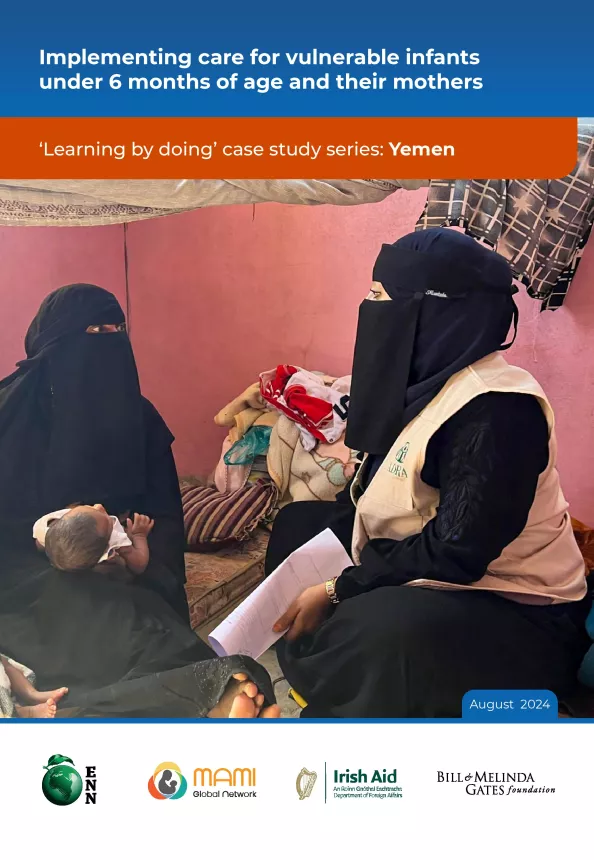 Front cover of 'Implementing care for vulnerable infants under 6 months of age and their mothers: Yemen'. A women with her infant speak to a medical professional