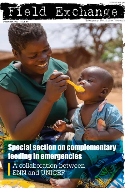 Front cover of FEX 68 with title 'Special section on complementary feeding in emergencies: A collaboration between ENN and UNICEF'. An image of a woman spoon-feeding her child