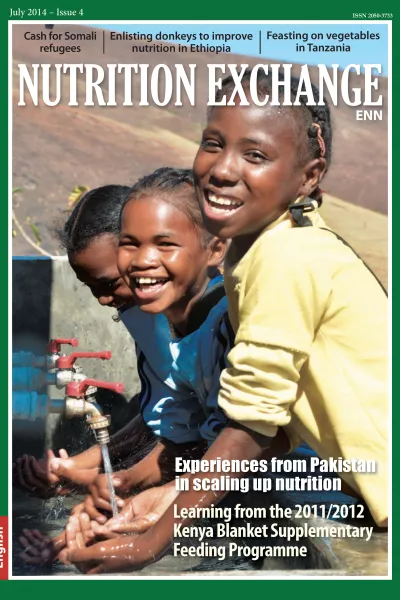 Front cover of issue 4 English version of Nutrition Exchange. Image shows three girls washing their hands.