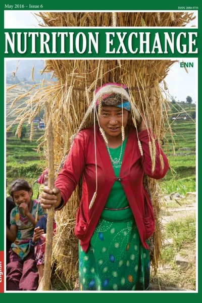 Front cover of issue 6 English version of Nutrition Exchange. Image shows a woman walking with a stick and a bale of straw strapped to her back. 