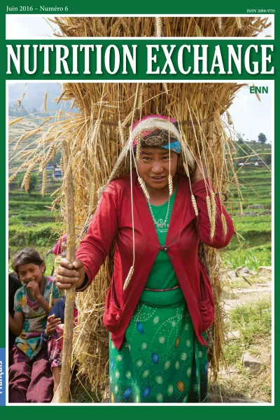 Front cover of issue 6 French version of Nutrition Exchange. Image shows a woman walking with a stick and a bale of straw strapped to her back. 