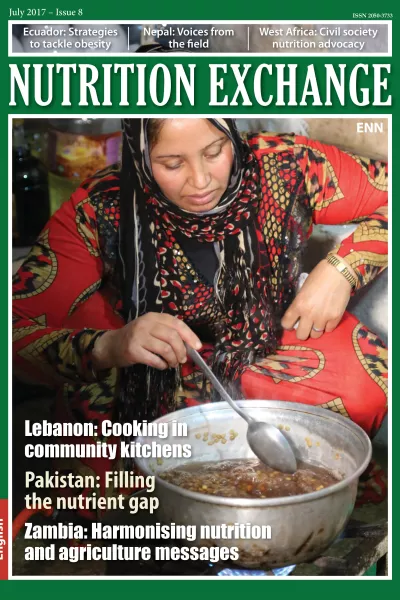 Front cover of Issue 8 English version of Nutrition Exchange. Image shows a woman sitting down and cooking over a stove.