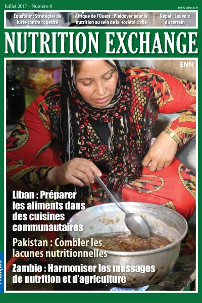 Front cover of Issue 8 French version of Nutrition Exchange. Image shows a woman sitting down and cooking over a stove.