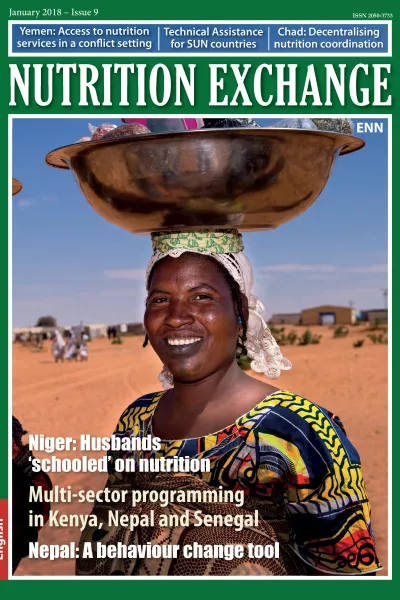 Front cover of Issue 9 English version of Nutrition Exchange. The image shows a woman posed with a bowl filled with objects balanced on her head.