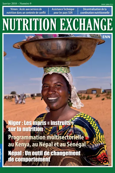 Front cover of Issue 9 French version of Nutrition Exchange. The image shows a woman posed with a bowl filled with objects balanced on her head.